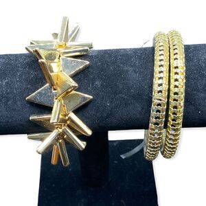Gold tone bracelets one plastic spikes stretchy and two open mesh metal bangles